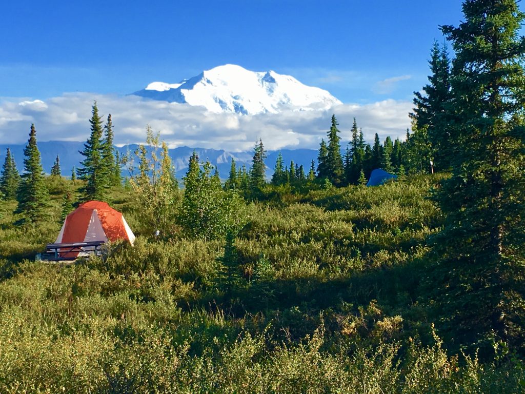 A view of the Alaskan mountains from a single tent campsite, showing how vast and breathtaking Alaska can be. 