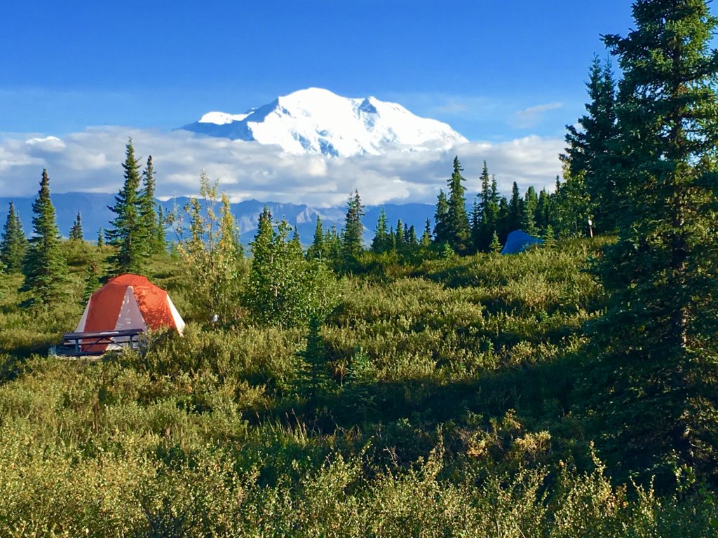 A view of the Alaskan mountains from a single tent campsite, showing how vast and breathtaking Alaska can be.
